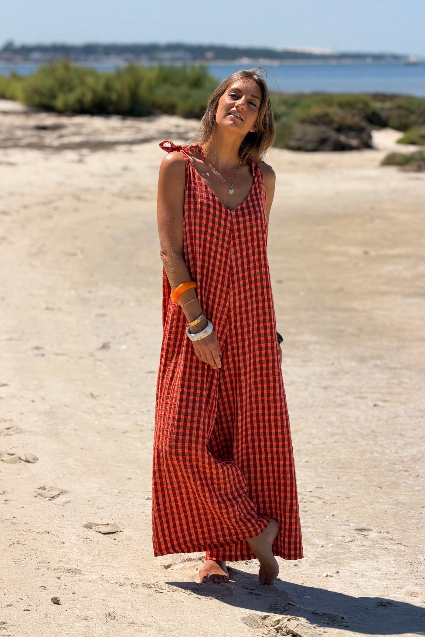 Orange Crinkle Gauze Plaid Romper