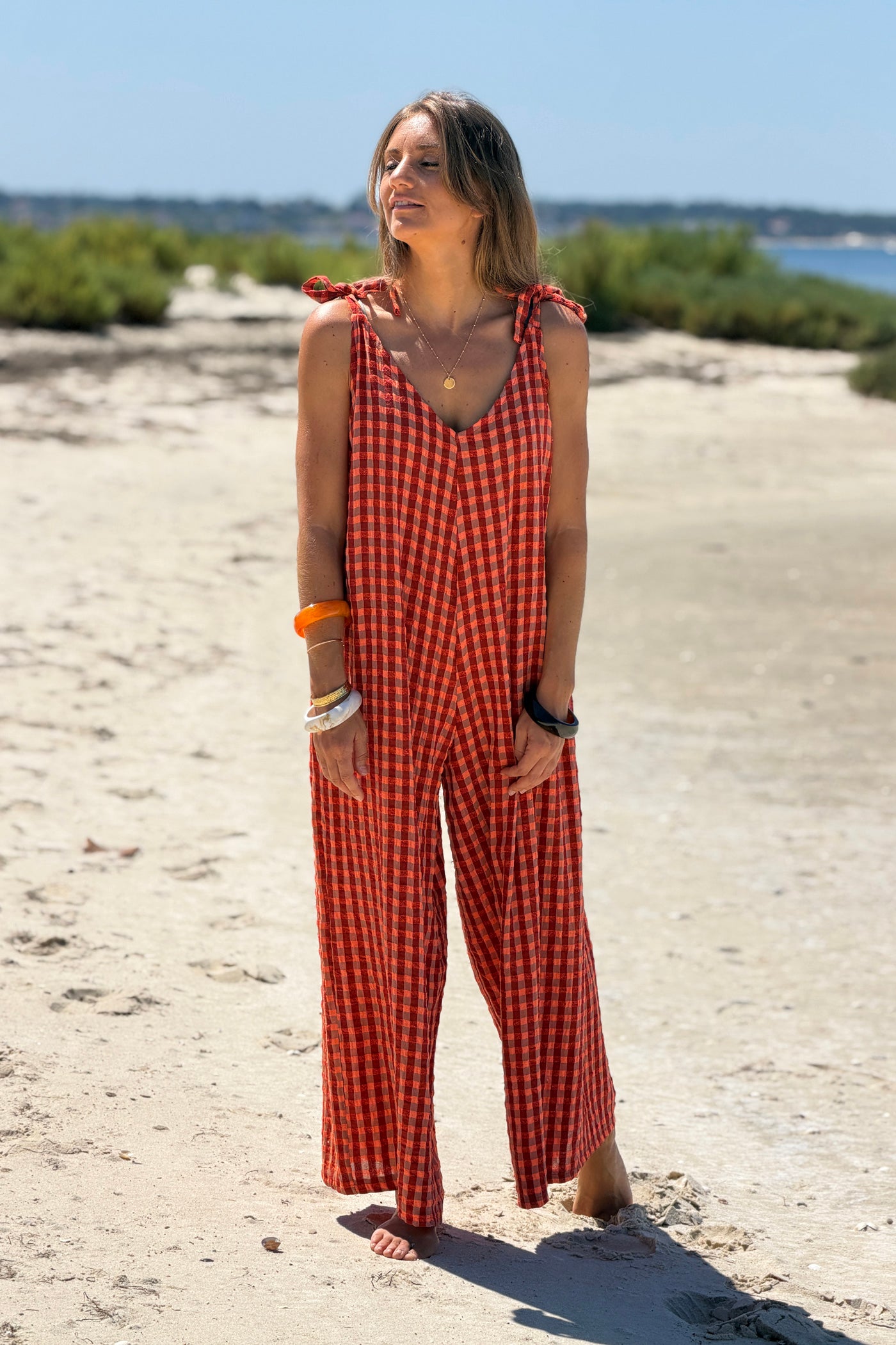 Orange Crinkle Gauze Plaid Romper