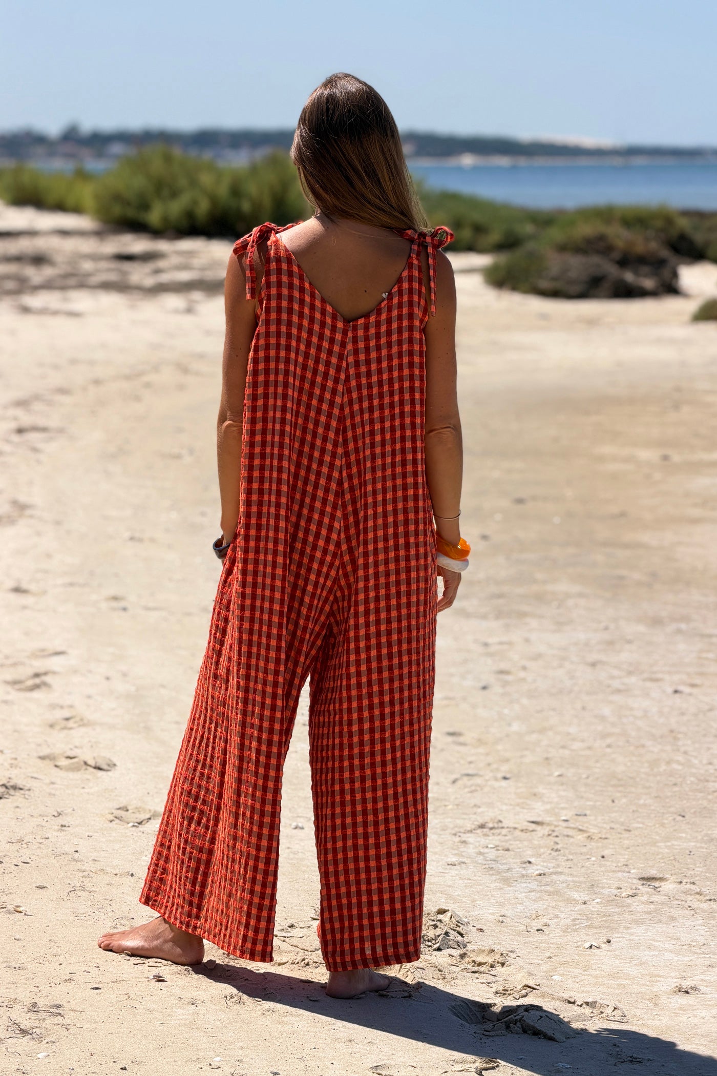 Orange Crinkle Gauze Plaid Romper