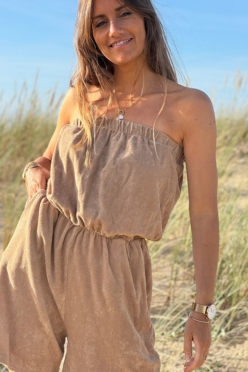 Combi short bustier élastique en éponge camel