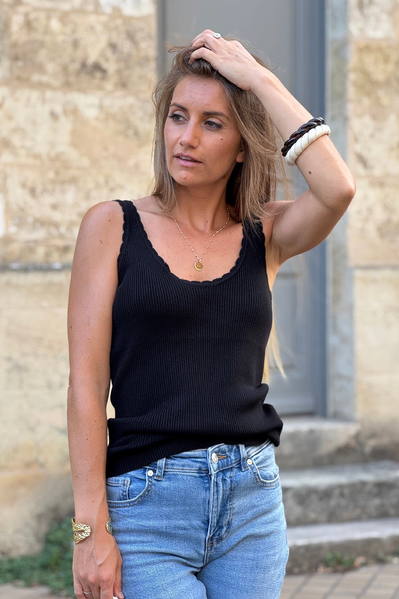 Black Scalloped Viscose Knit Tank Top
