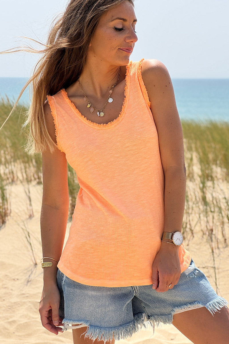 Débardeur orange fluo délavé coton finitions franges