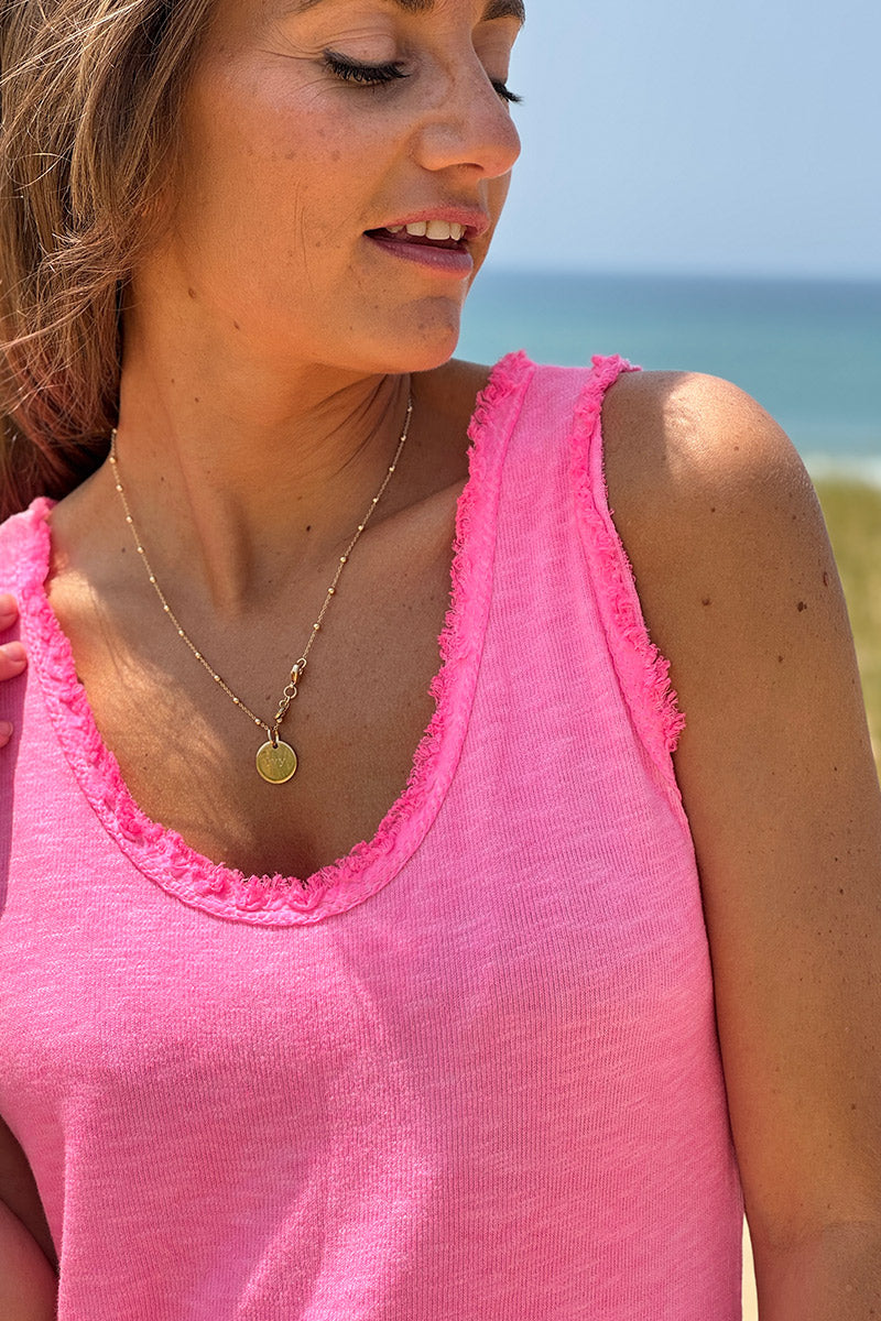 Débardeur rose fluo délavé coton finitions franges