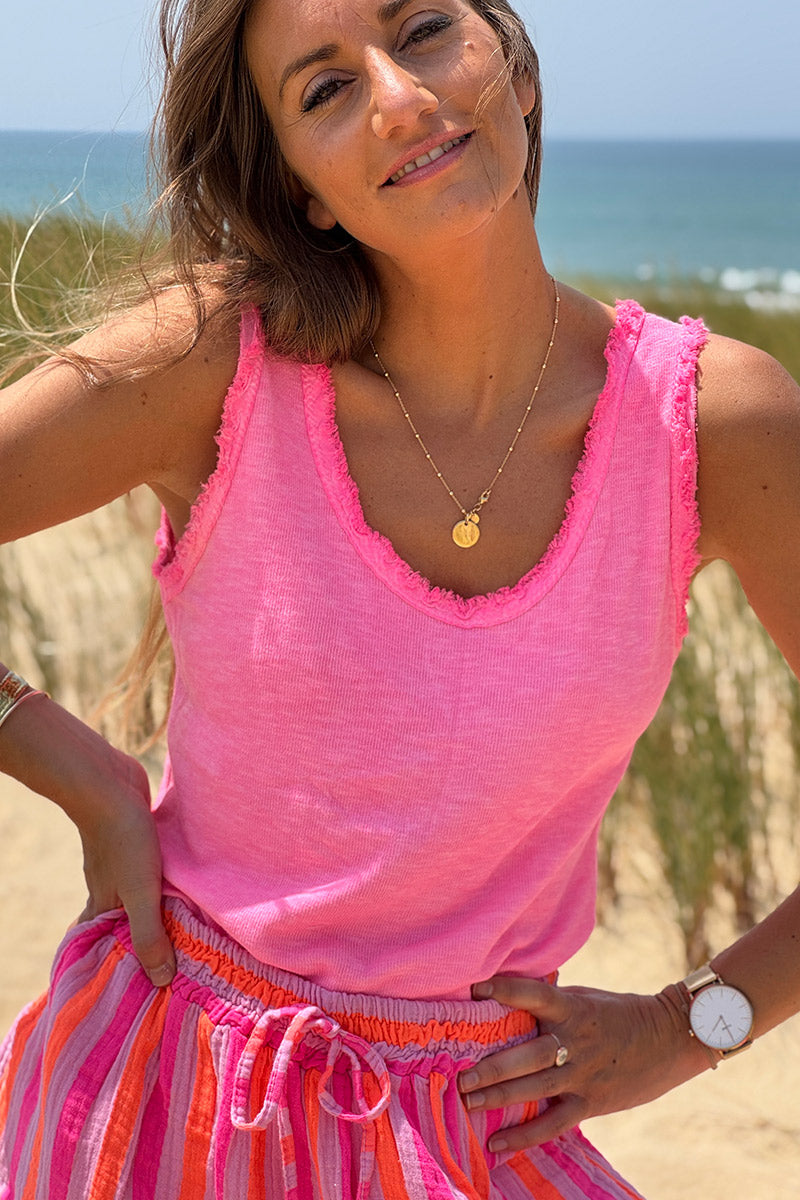 Débardeur rose fluo délavé coton finitions franges