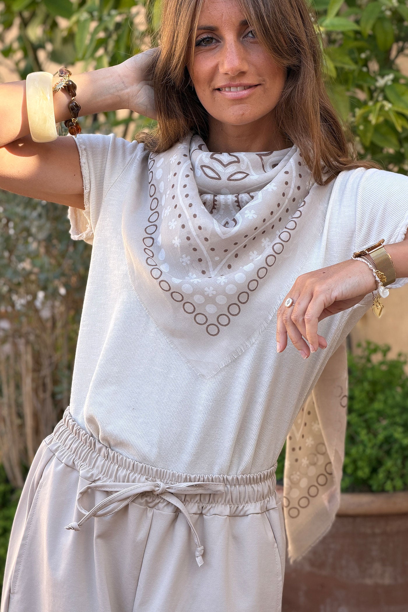 Écharpe foulard beige imprimé Bandana tout doux