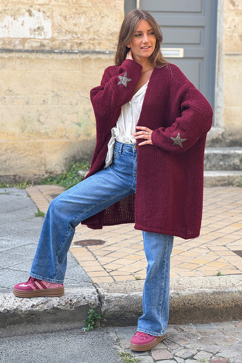 Burgundy Drop-Sleeve Knit Duster with Star Studded Cuffs