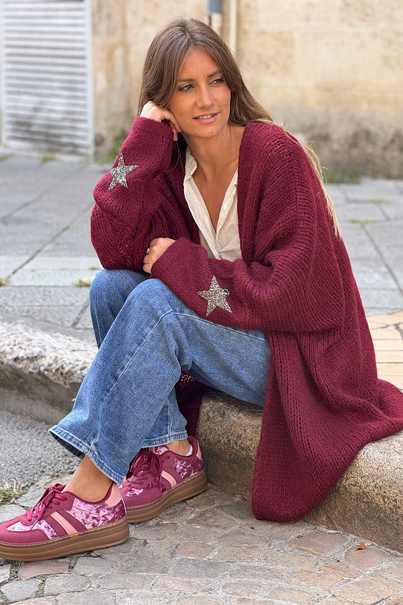 Burgundy Drop-Sleeve Knit Duster with Star Studded Cuffs