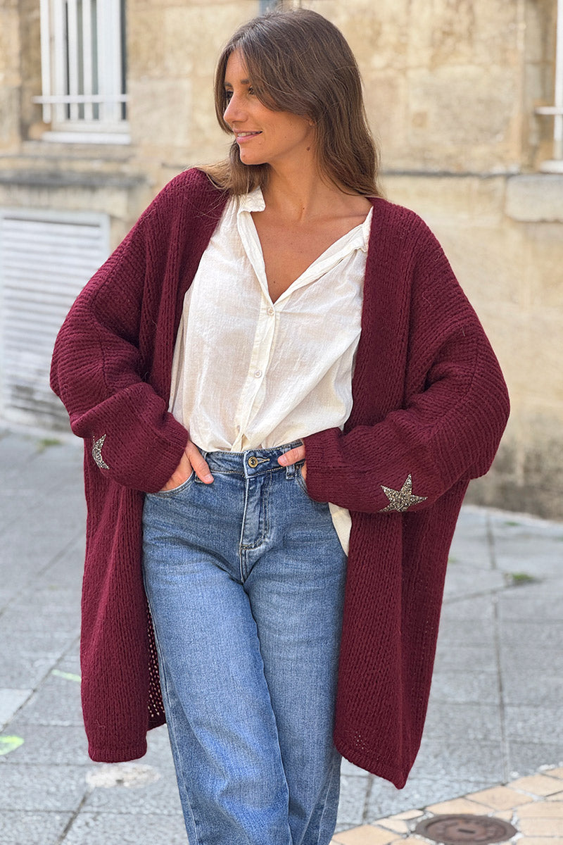 Burgundy Drop-Sleeve Knit Duster with Star Studded Cuffs