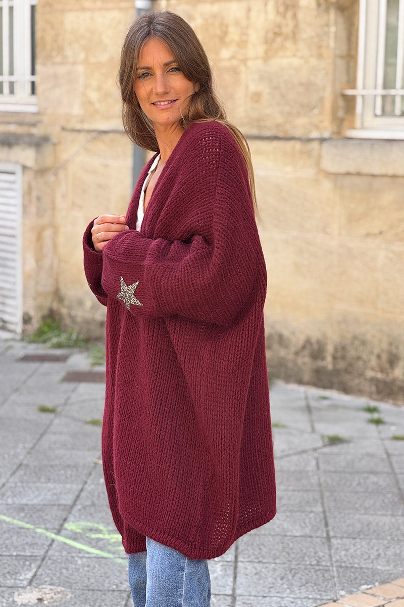 Burgundy Drop-Sleeve Knit Duster with Star Studded Cuffs