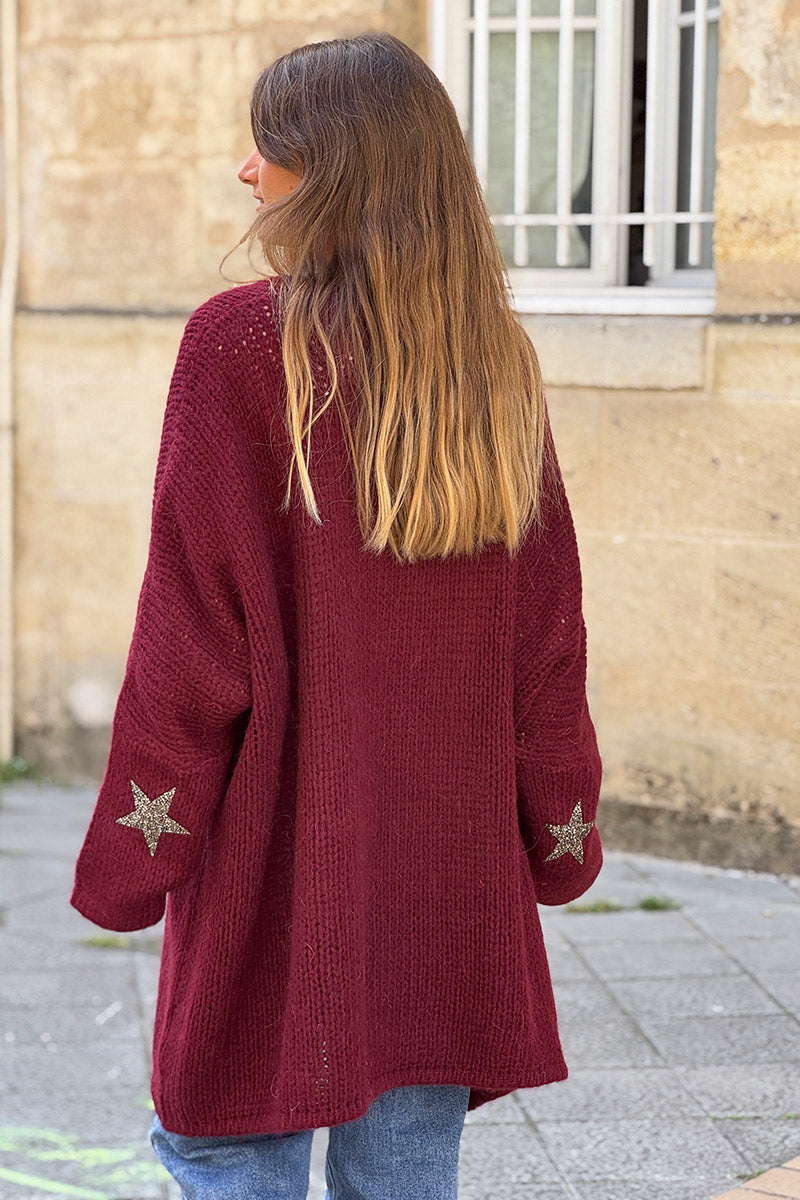 Burgundy Drop-Sleeve Knit Duster with Star Studded Cuffs