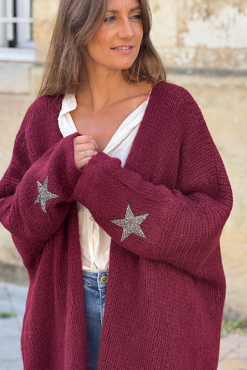 Burgundy Drop-Sleeve Knit Duster with Star Studded Cuffs