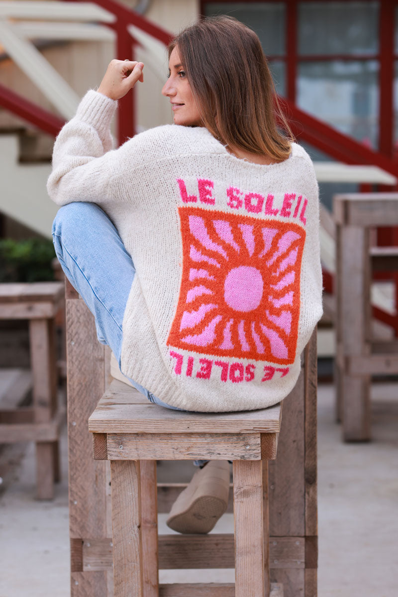 Beige Knit “Le Soleil” Cardigan Sweater