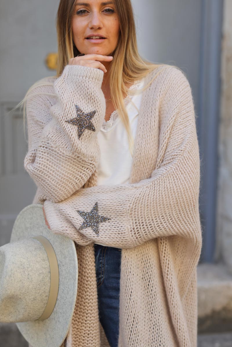 Gilet beige mi-long grosses mailles étoile strass manches d027 (1)