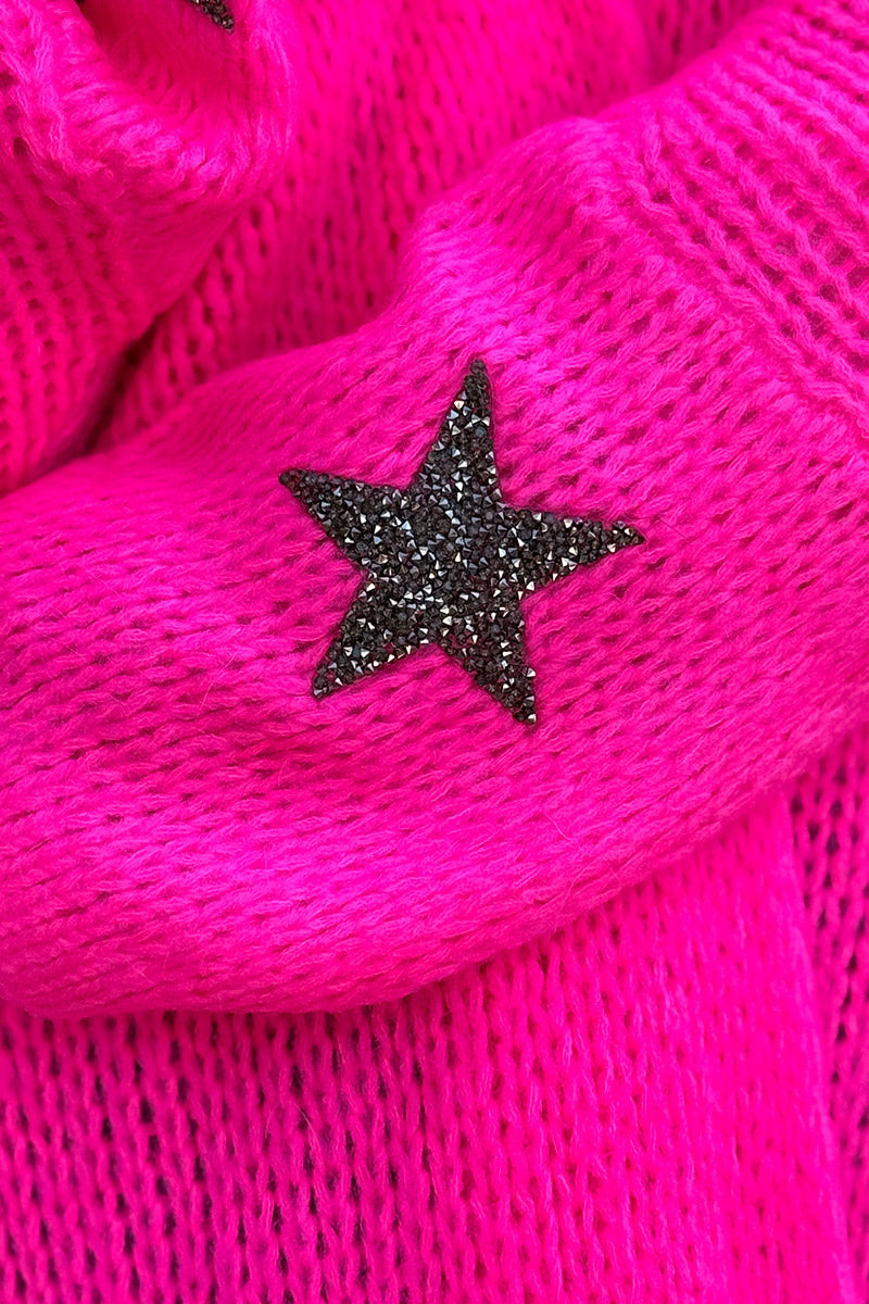 Neon fuchsia Drop-Sleeve Knit Duster with Star Studded Cuffs