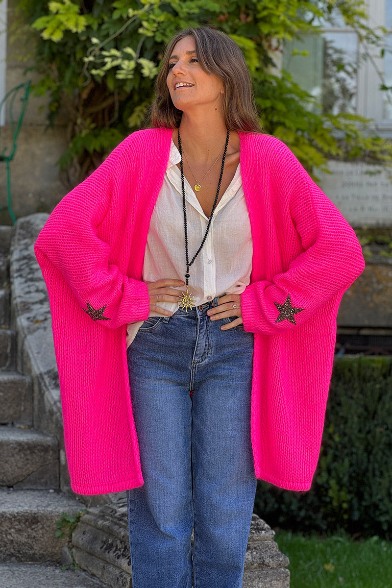 Neon fuchsia Drop-Sleeve Knit Duster with Star Studded Cuffs