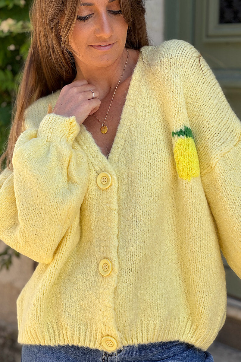 Butter yellow chunky knit cardigan with lemon 'limoncello' back pattern