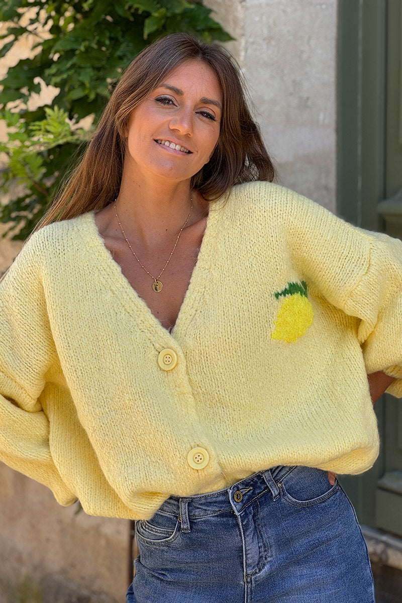 Butter yellow chunky knit cardigan with lemon 'limoncello' back pattern