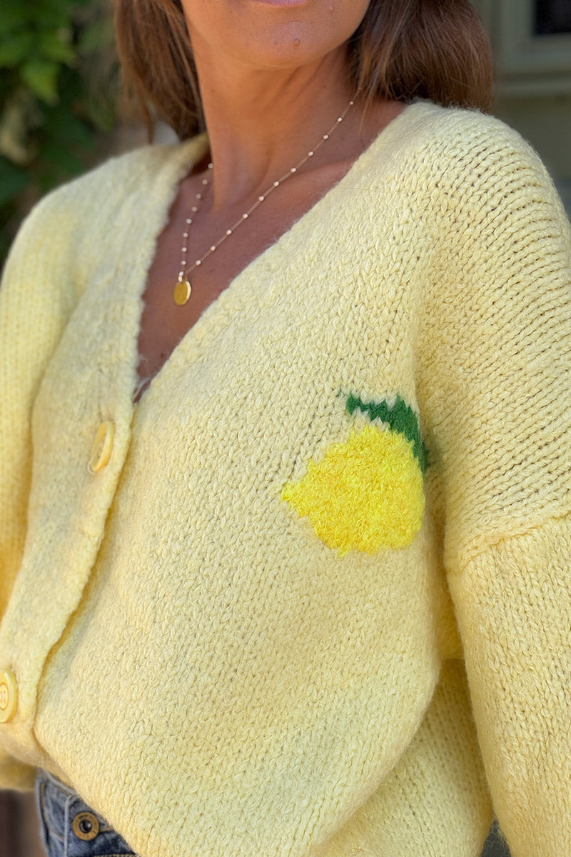 Butter yellow chunky knit cardigan with lemon 'limoncello' back pattern
