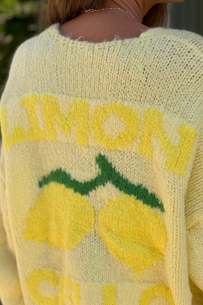 Butter yellow chunky knit cardigan with lemon 'limoncello' back pattern
