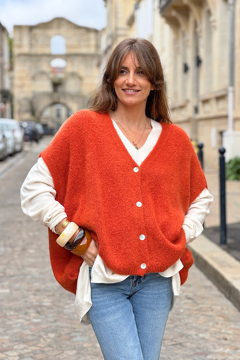 Gilet large et loose terracotta sans manches en maille kid mohair boutons nacres