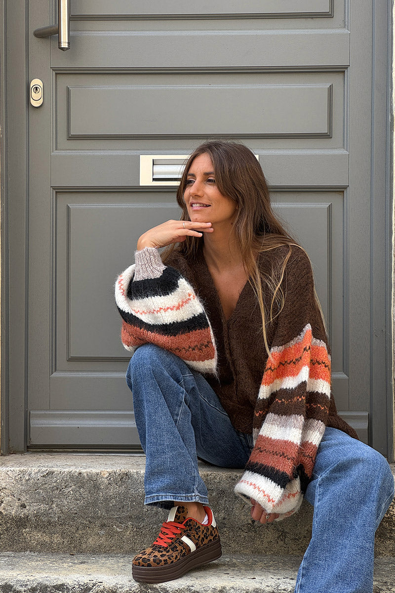 Brown chocolate Fall Stripe Sleeve Sweater Knit Cardigan
