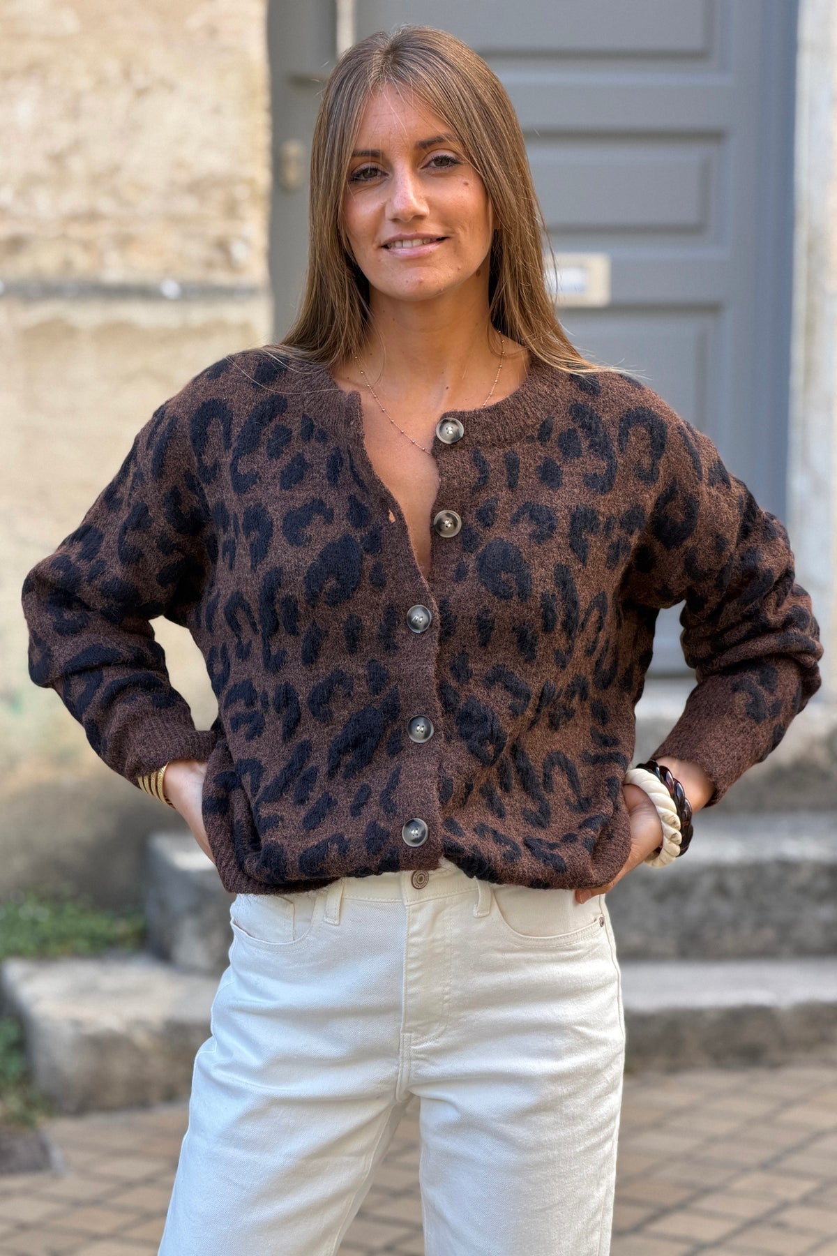 Gilet moelleux en maille motif léopard marron