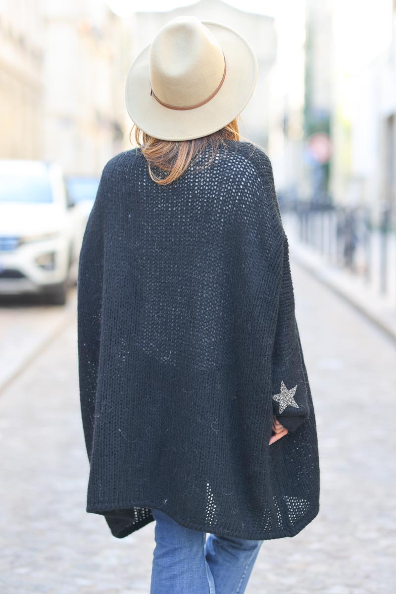 Black Drop-Sleeve Knit Duster with Star Studded Cuffs