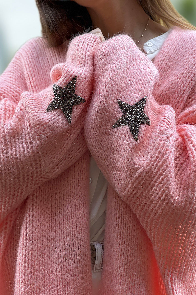 Gilet rose saumon mi long grosses mailles étoile strass manches