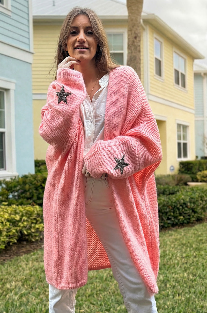 Gilet rose saumon mi long grosses mailles étoile strass manches