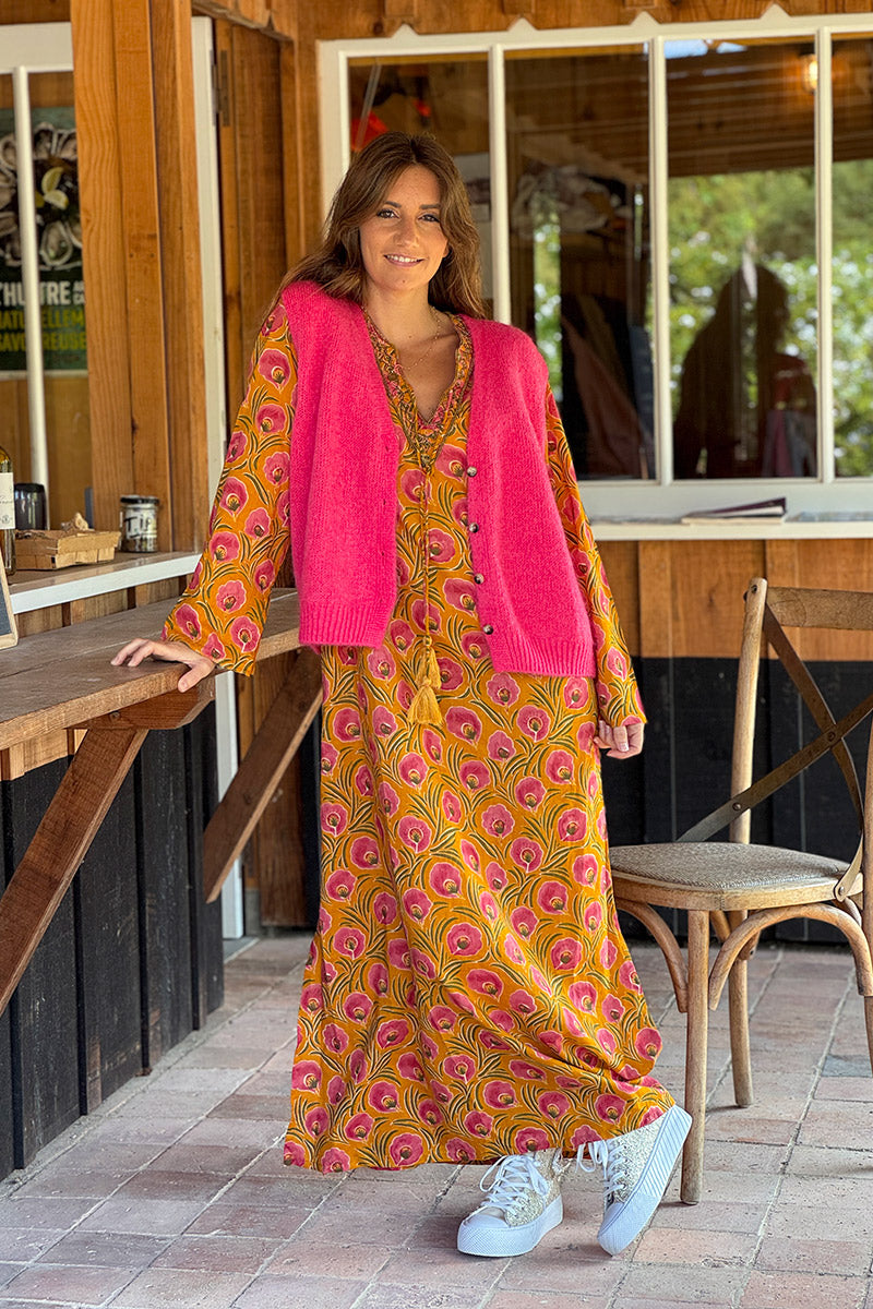 Gilet sans manches fuchsia en maille moelleuse kid mohair boutons ecaille