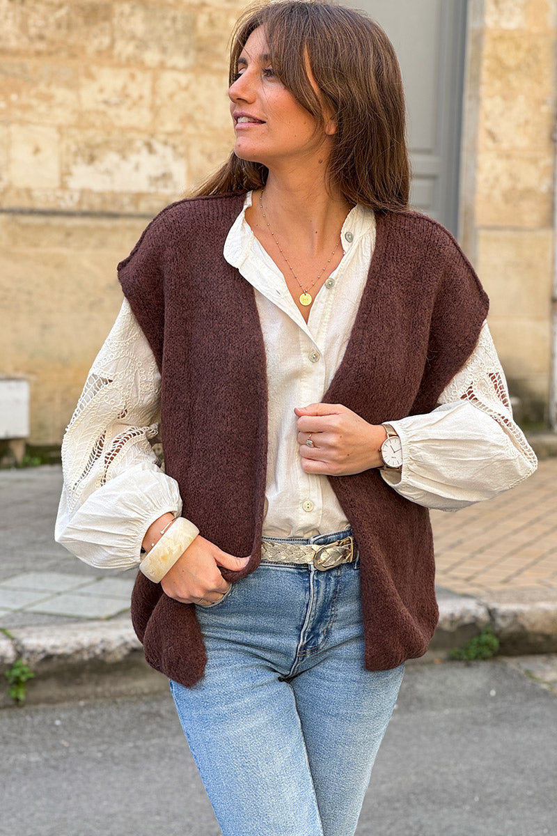 Gilet sans manches marron en kid mohair coutures apparentes