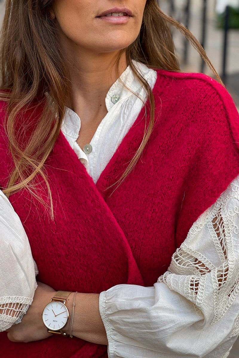 Gilet sans manches rouge en kid mohair coutures apparentes