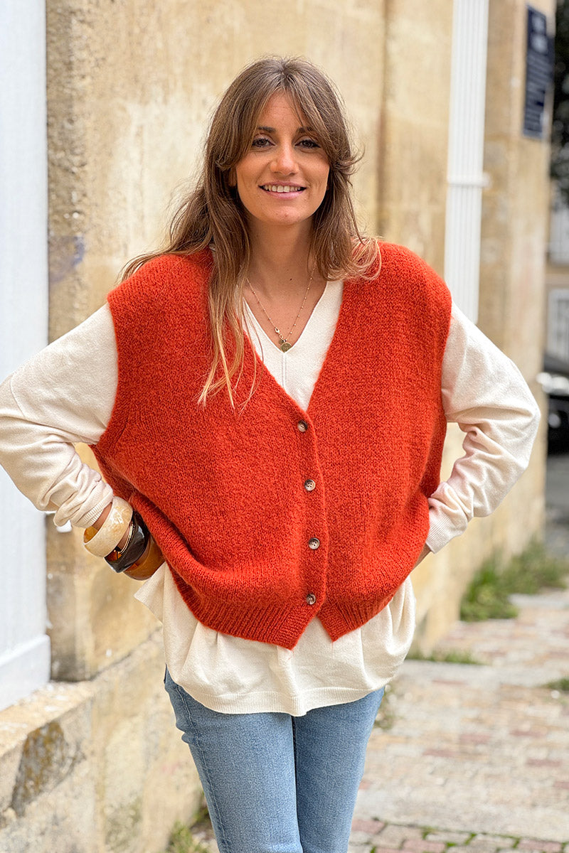 Gilet sans manches terracotta en maille moelleuse kid mohair boutons écaille