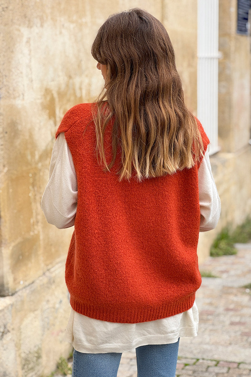 Gilet sans manches terracotta en maille moelleuse kid mohair boutons écaille