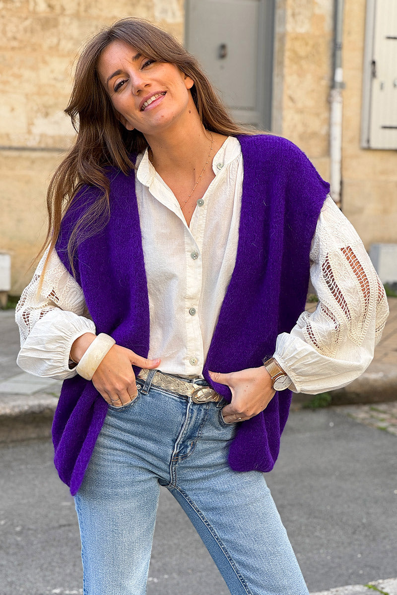 Gilet sans manches violet en kid mohair coutures apparentes