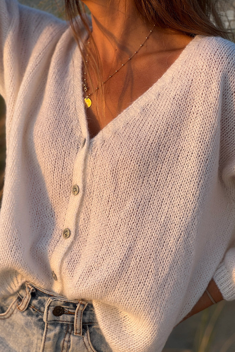Ivory Mother of Pearl Button through V-Neck Cardigan