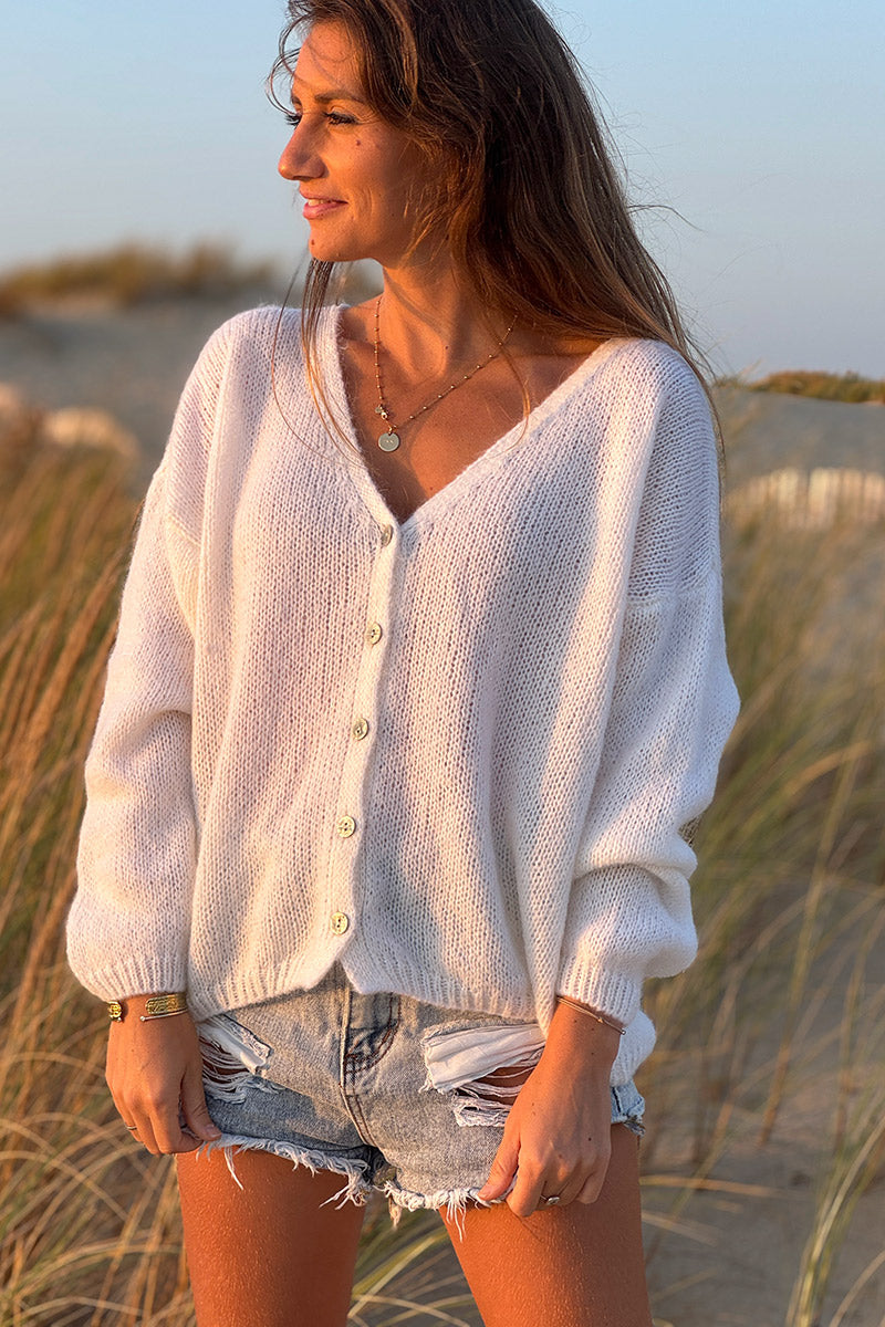 Ivory Mother of Pearl Button through V-Neck Cardigan