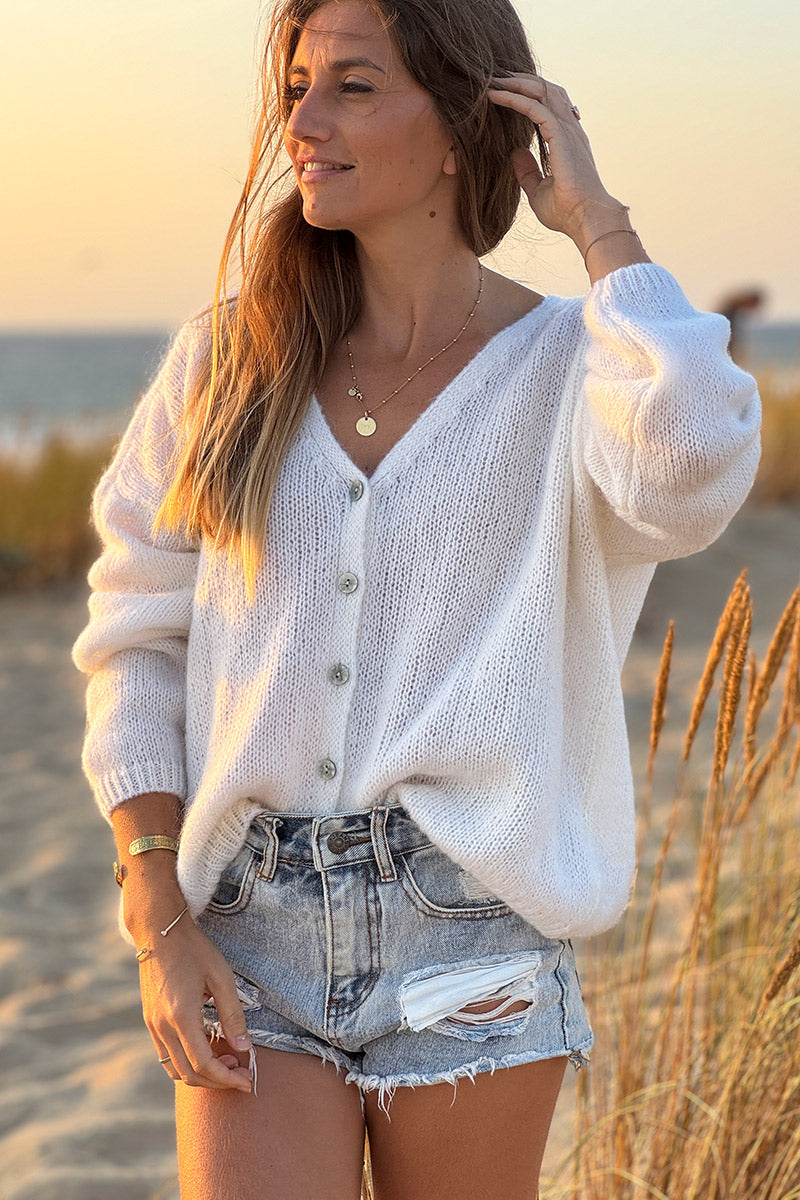 Ivory Mother of Pearl Button through V-Neck Cardigan