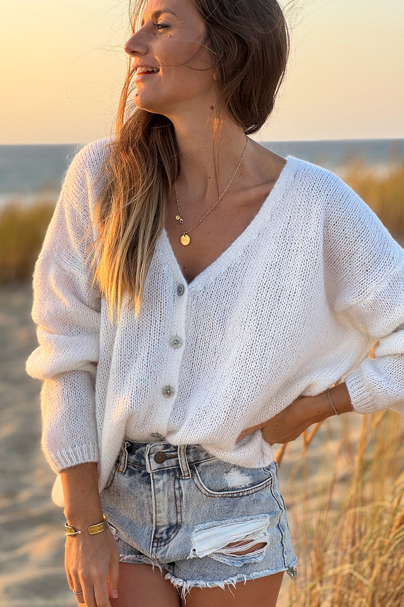 Ivory Mother of Pearl Button through V-Neck Cardigan