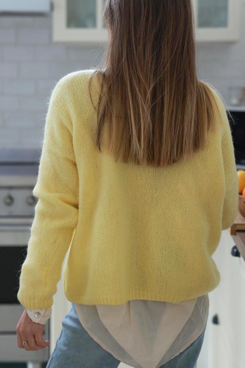 Pastel Yellow Mother of Pearl Button through V-Neck Cardigan