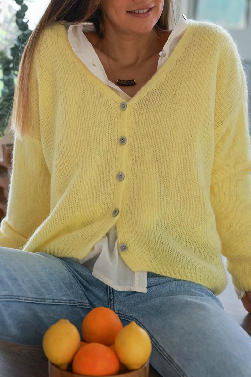 Pastel Yellow Mother of Pearl Button through V-Neck Cardigan