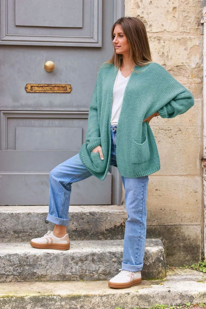 Celadon green cardigan with wrap around collar