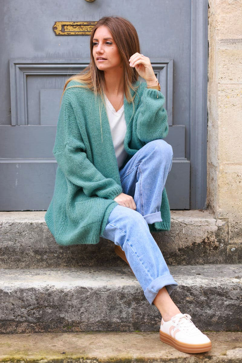 Celadon green cardigan with wrap around collar