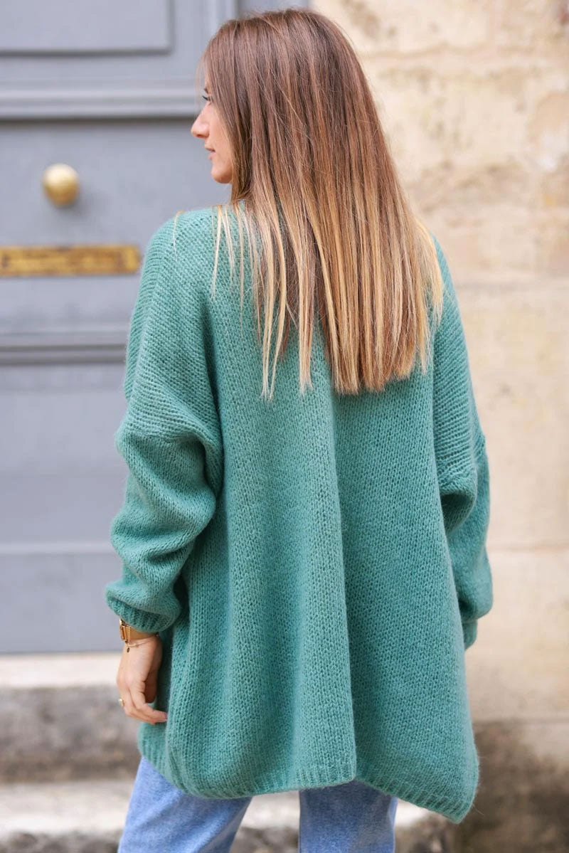 Celadon green cardigan with wrap around collar