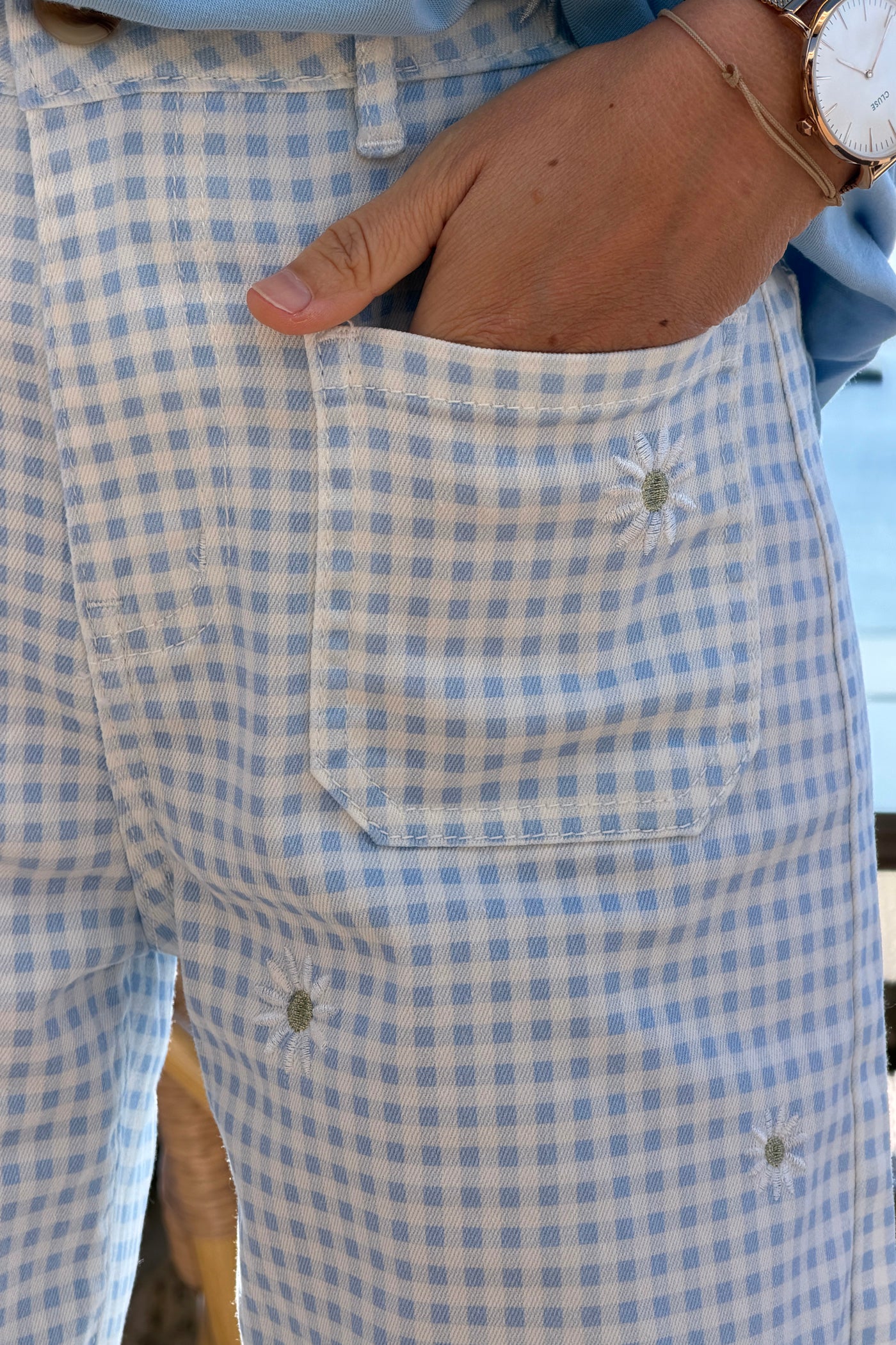 Light Blue Gingham Daisy Embroidered Jeans
