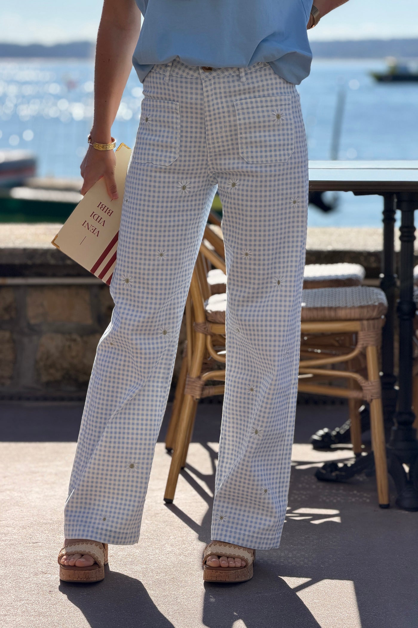 Light Blue Gingham Daisy Embroidered Jeans
