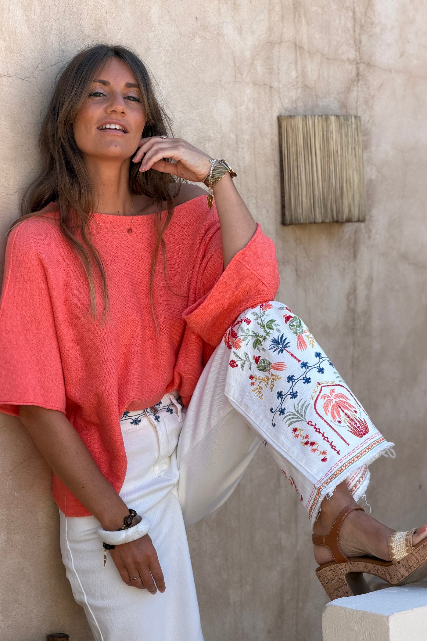 White Denim Tropical Border Embroidery Wide-Leg Jeans