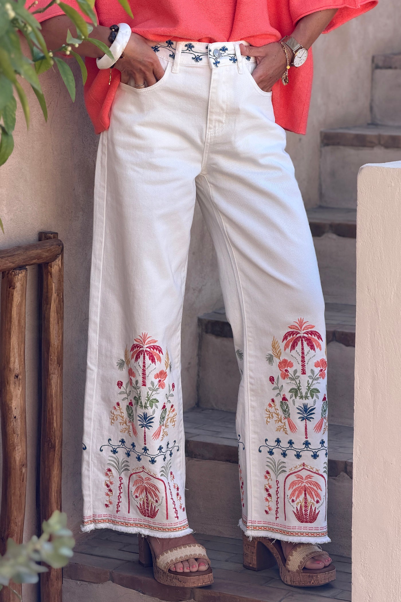 White Denim Tropical Border Embroidery Wide-Leg Jeans