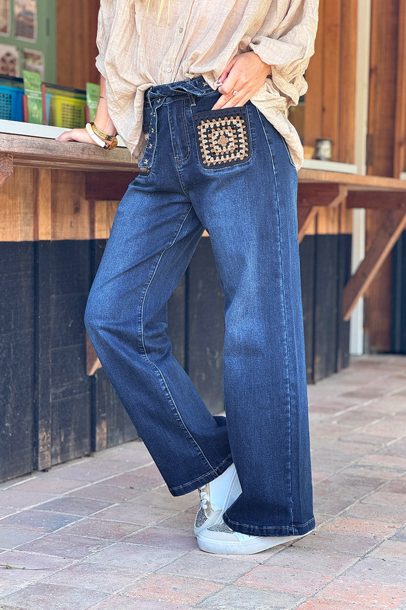 Dark Denim Crochet Square Vintage Jeans