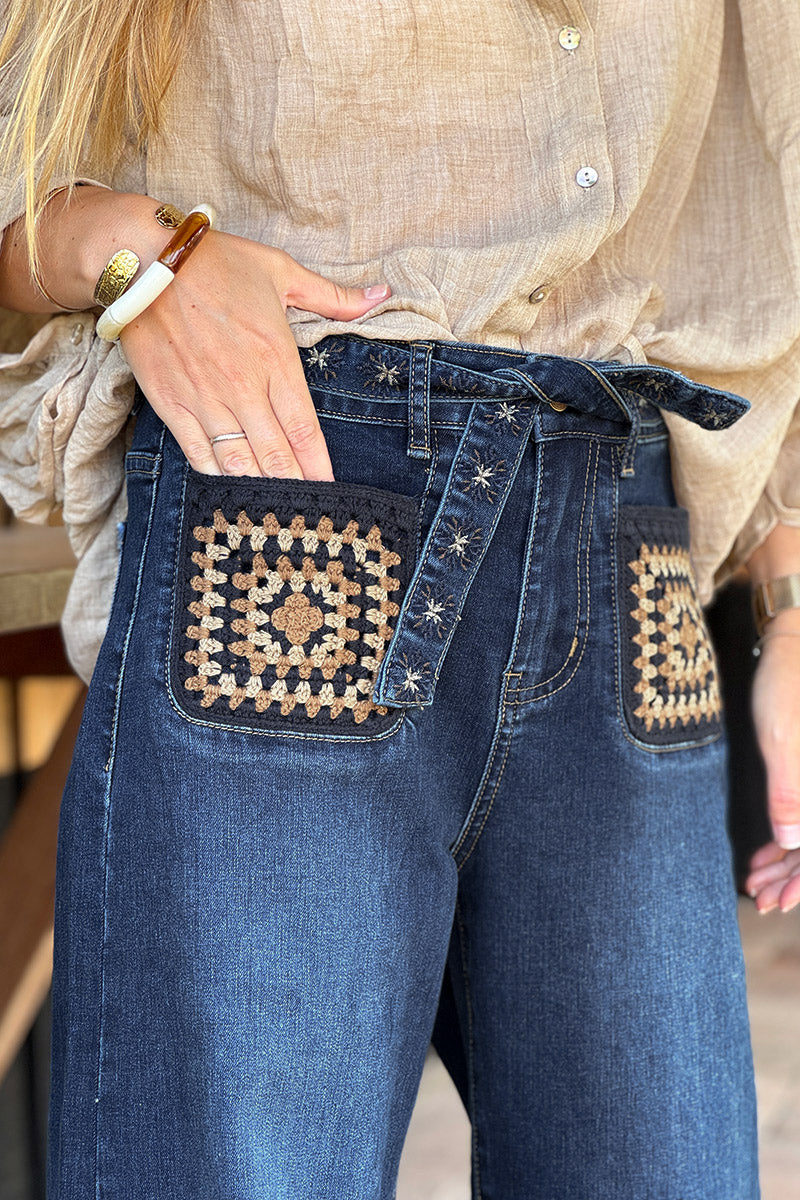 Dark Denim Crochet Square Vintage Jeans